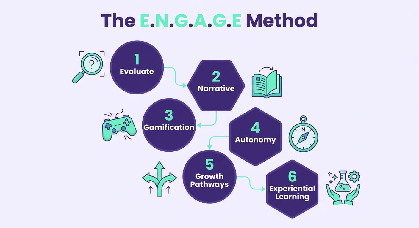 Infographic of the ENGAGE Method with 6 steps to engage students using gamification and neuroscience