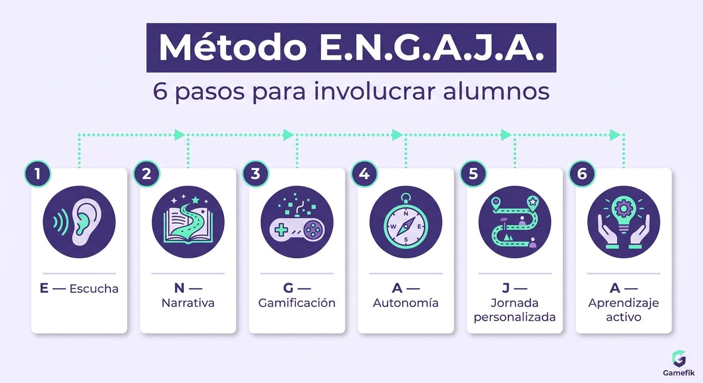 Infografía del Método ENGAJA con 6 pasos para involucrar alumnos usando gamificación y neurociencia