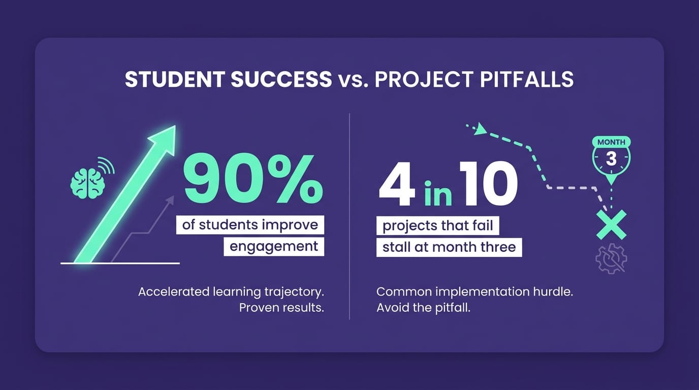 Statistic card showing 90% student engagement improvement rate and month-three dropout risk Gamefik