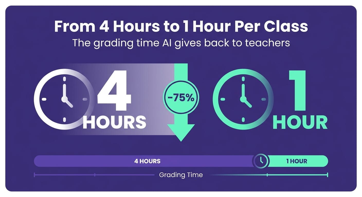 Card showing reduction from 4 hours to 1 hour in test grading time using Gamefik AI