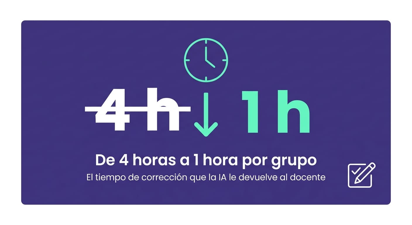 Tarjeta que muestra la reducción de 4h a 1h en la corrección de exámenes con IA Gamefik