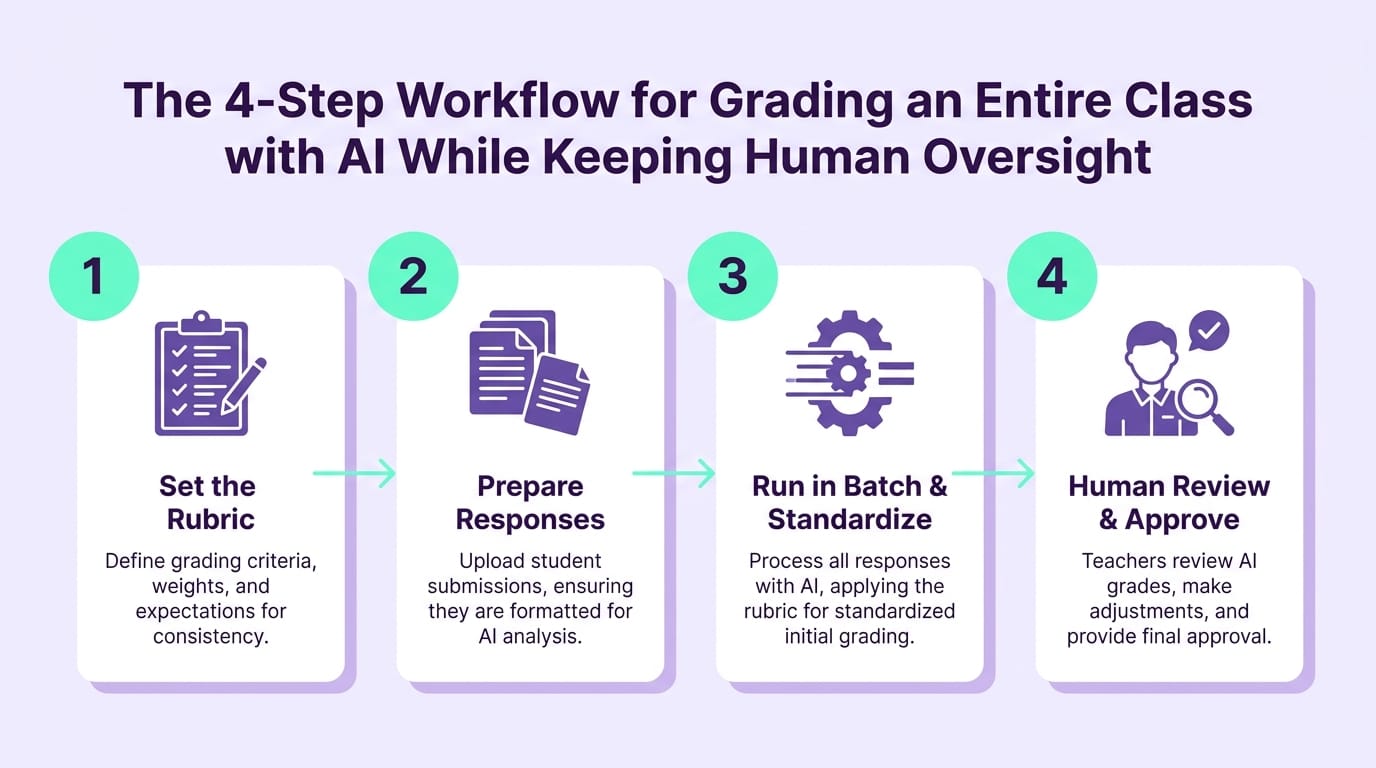 Infographic showing 4 steps to use AI for grading tests: digitize responses, build prompt, run in batch, and review borderline cases