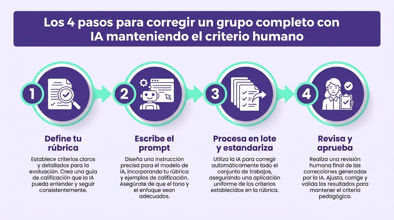 Infografía con 4 pasos de cómo usar IA para corregir exámenes: digitalizar, armar prompt, procesar en lote y revisar