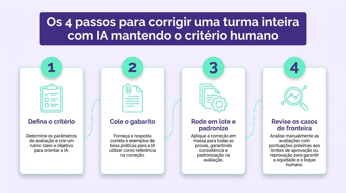Infográfico com 4 passos de como usar IA para corrigir provas: digitalizar, montar prompt, rodar em lote e revisar