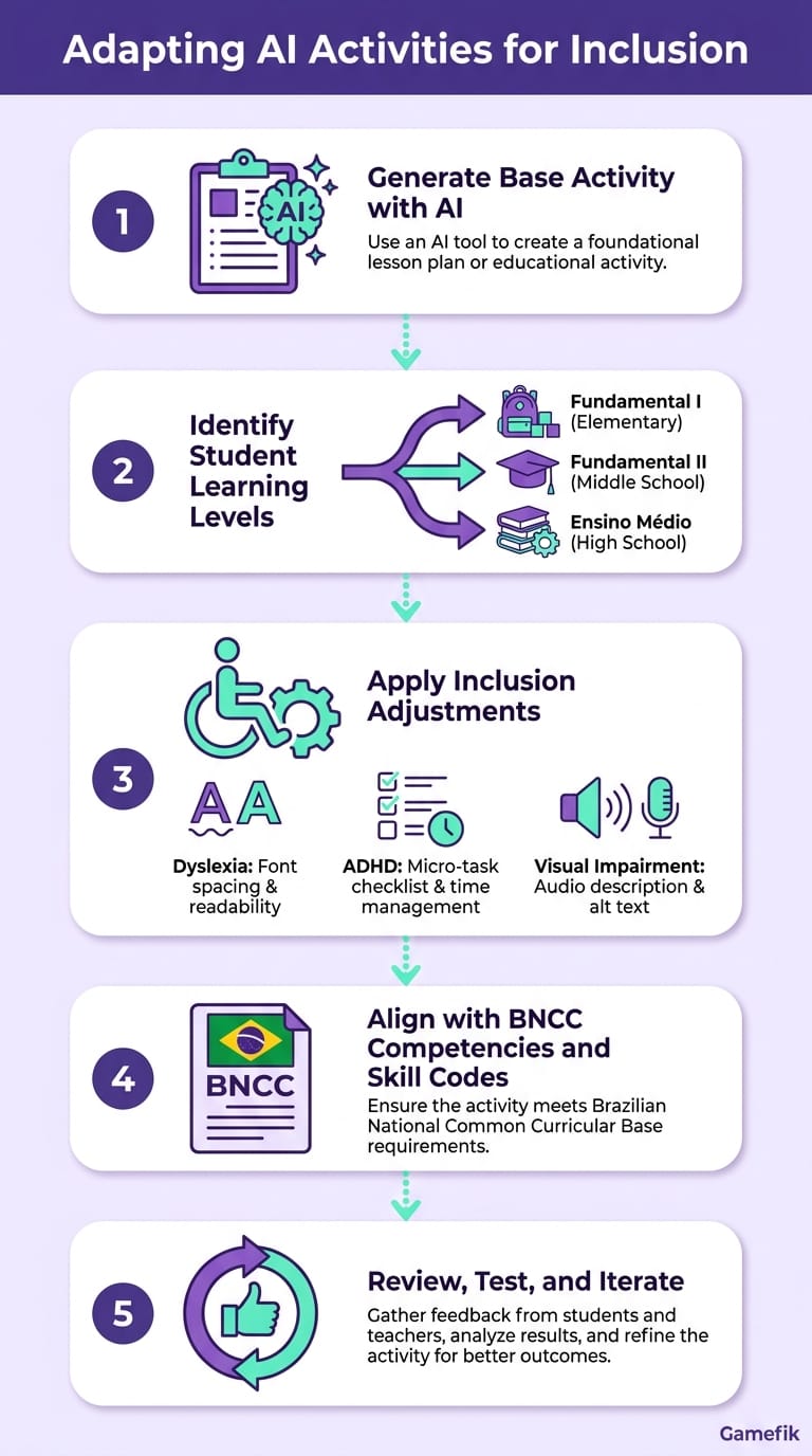 Infográfico com 5 etapas para adaptar atividades escolares criadas com inteligência artificial para Fundamental I, II, Médio e educação inclusiva