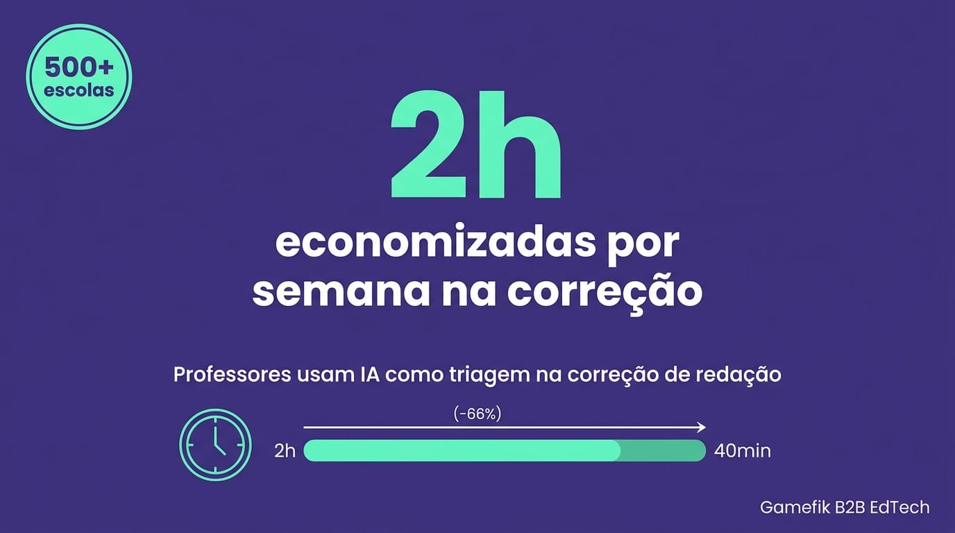 Card de dado mostrando economia de 2 horas semanais com IA para correção de redação nas escolas Gamefik