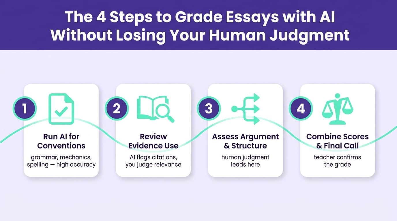 Infographic showing a step-by-step process for grading essays with AI across five rubric dimensions