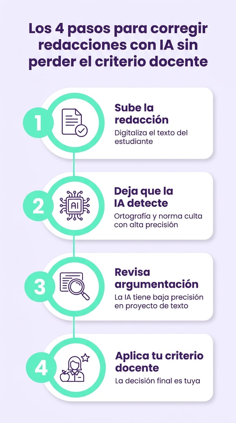Infografía que muestra el paso a paso de corrección de redacciones con IA según los criterios de evaluación