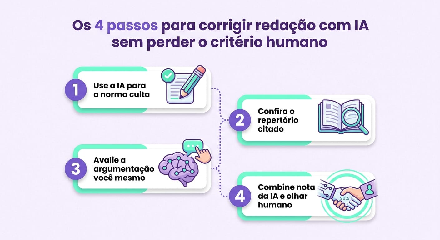 Infográfico mostrando passo a passo de correção de redação com IA pelas 5 competências do ENEM