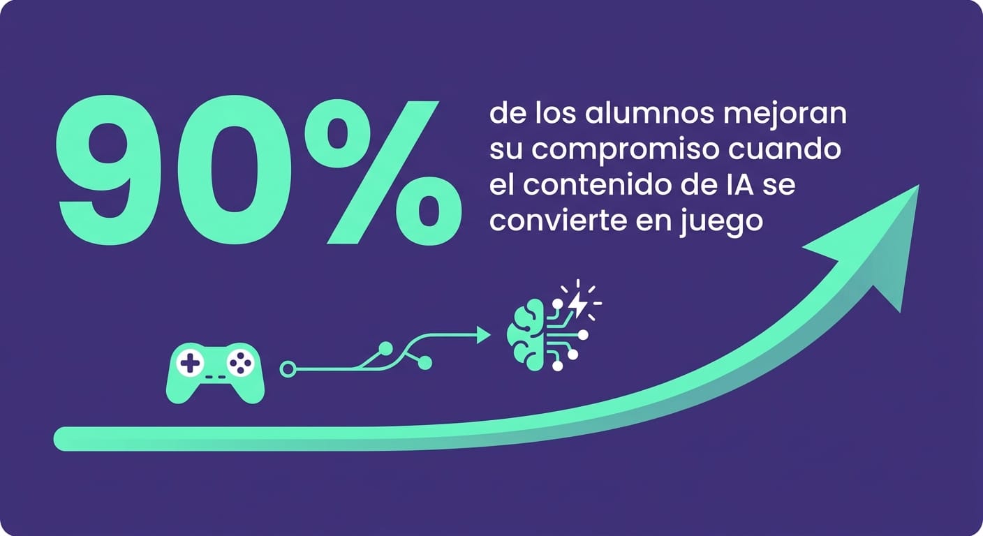 Tarjeta de dato mostrando 90% de mejora en el compromiso estudiantil con gamificación Gamefik