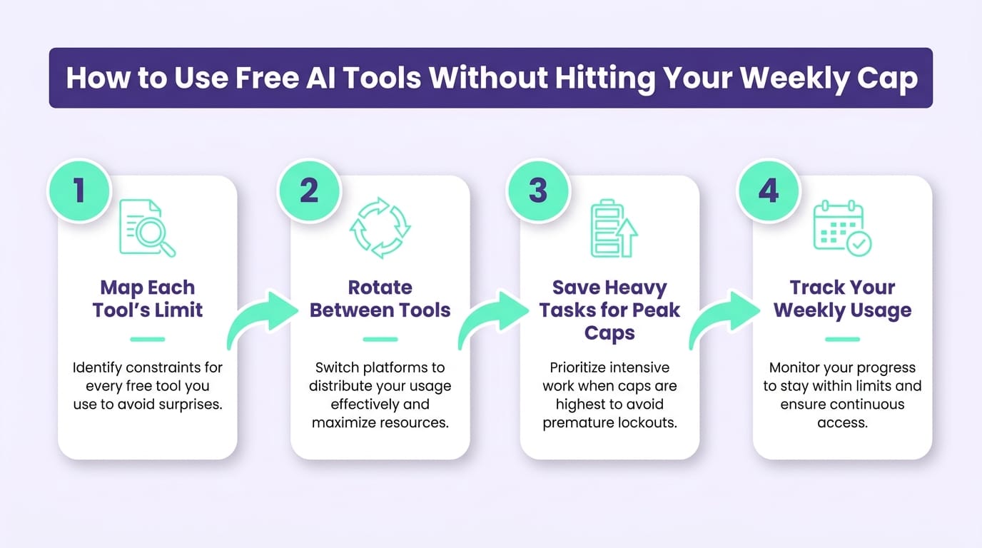 Infographic showing a 4-step workflow for combining free AI tools for teachers without exceeding the free plan limit
