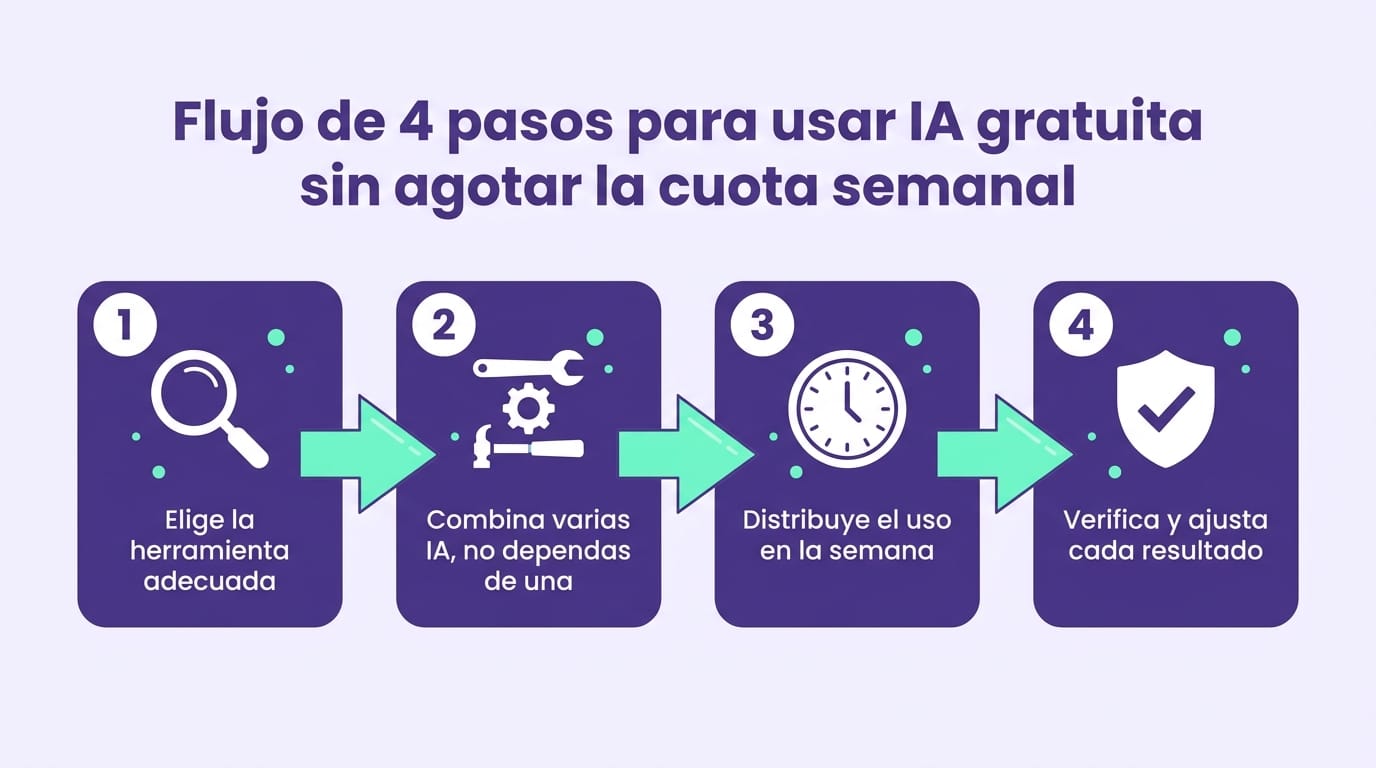 Infografía con 4 pasos para combinar herramientas de inteligencia artificial para docentes gratis sin llegar al límite