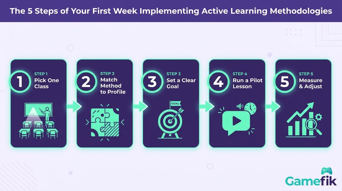 Infographic with class diagnostic checklist and step-by-step active learning implementation plan