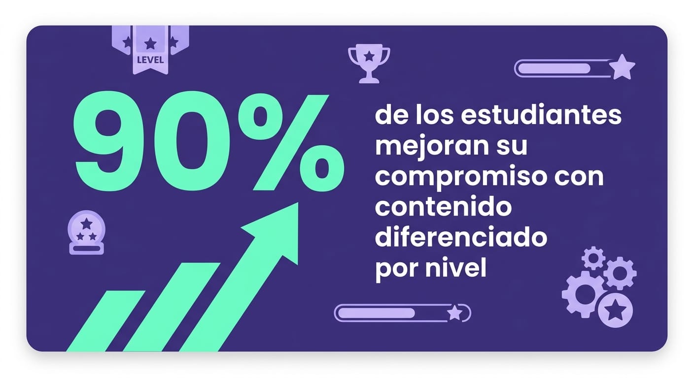 Tarjeta con el dato de 90% de mejora en el compromiso estudiantil en 500+ escuelas socias de Gamefik