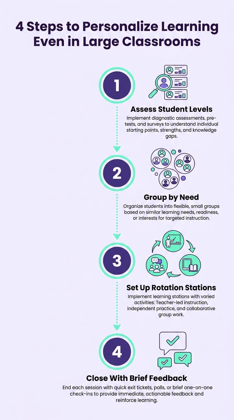 Infographic showing four steps of personalized learning: diagnostic assessment, flexible grouping, rotation stations, and feedback
