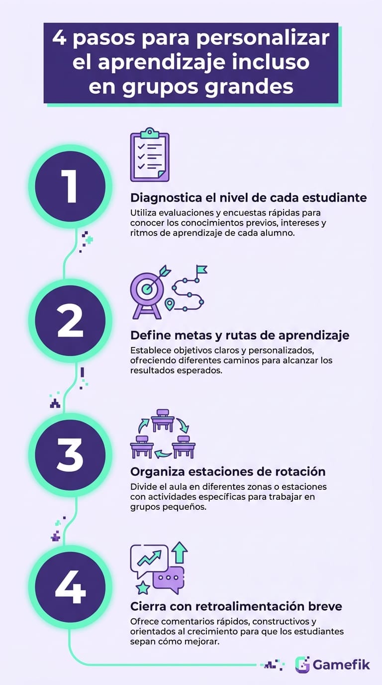 Infografía con los cuatro pasos de la personalización del aprendizaje: diagnóstico, agrupaciones flexibles, estaciones de rotación y retroalimentación