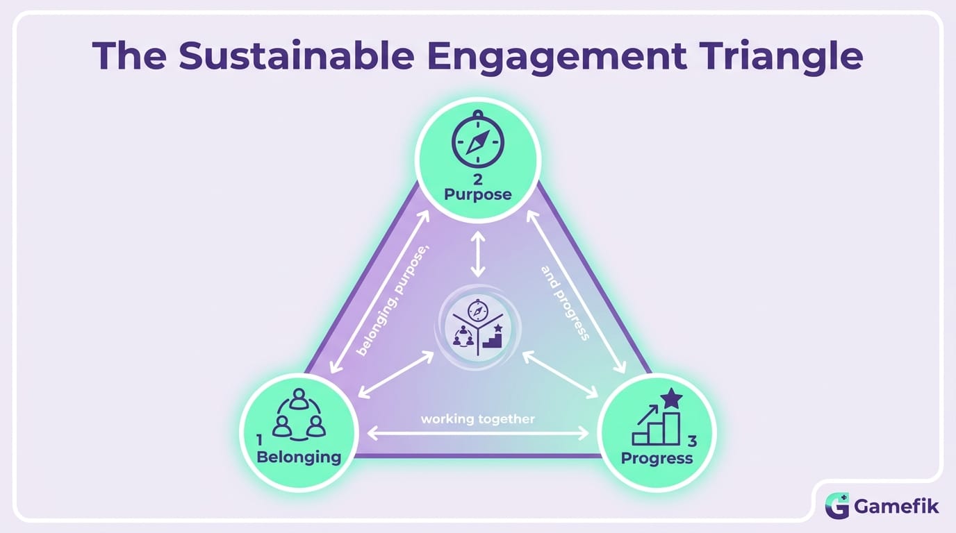 Infographic of the 3 pillars of engagement — belonging, purpose, and progress — forming a triangle
