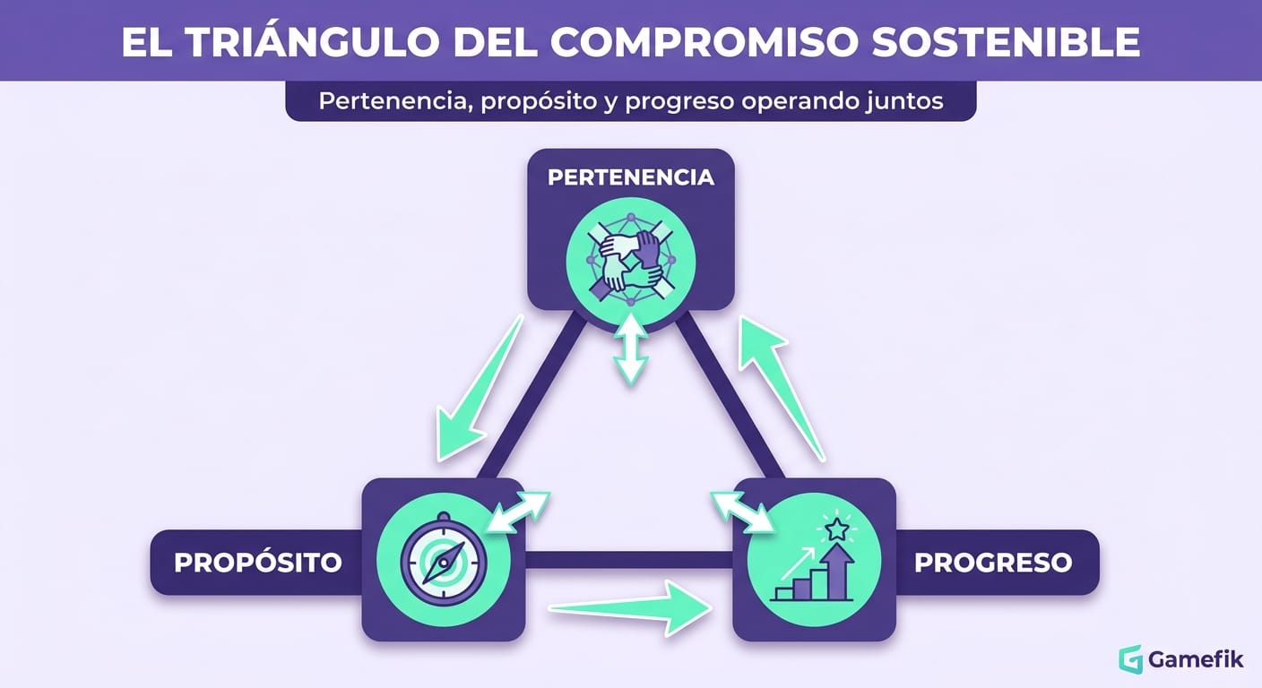 Infografía de los 3 pilares del compromiso estudiantil — pertenencia, propósito y progreso — formando un triángulo