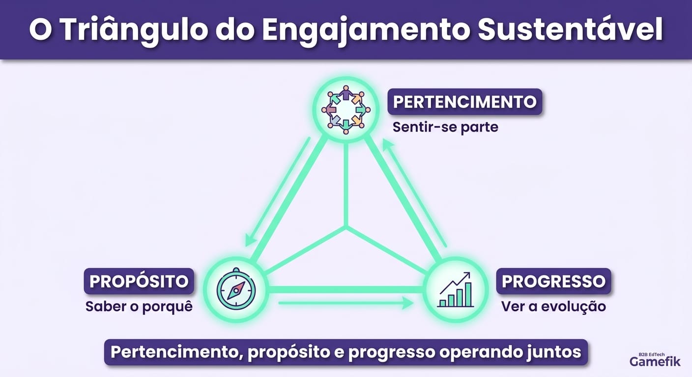 Infográfico dos 3 pilares do engajamento — pertencimento, propósito e progresso — formando um triângulo