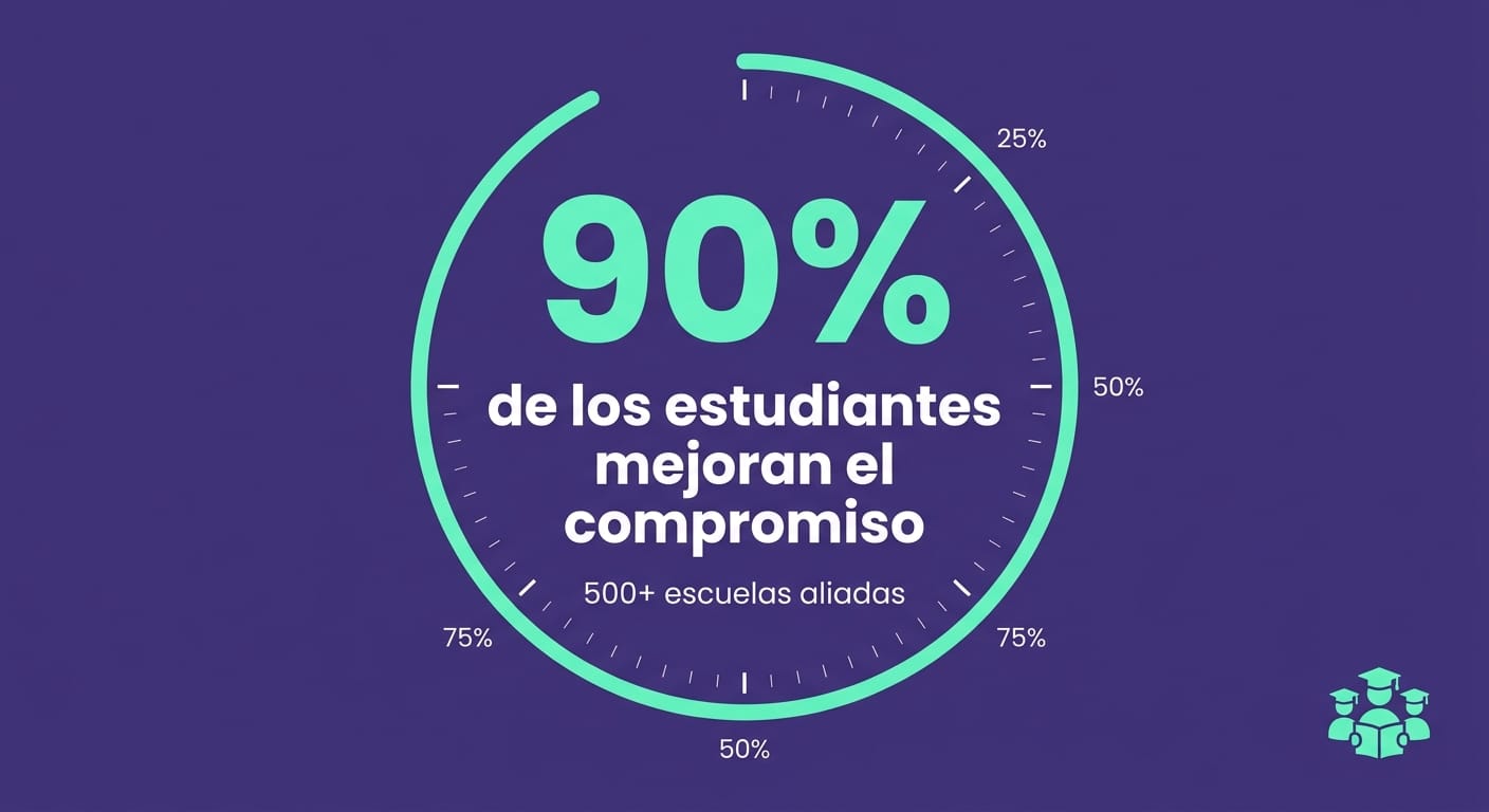 Tarjeta que muestra 90% de mejora en el compromiso estudiantil con los beneficios de la gamificación en la educación de Gamefik
