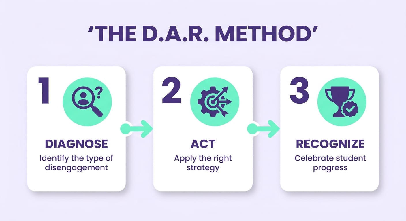 Infographic of the D.A.R. Method in three steps for motivating disengaged K-12 students