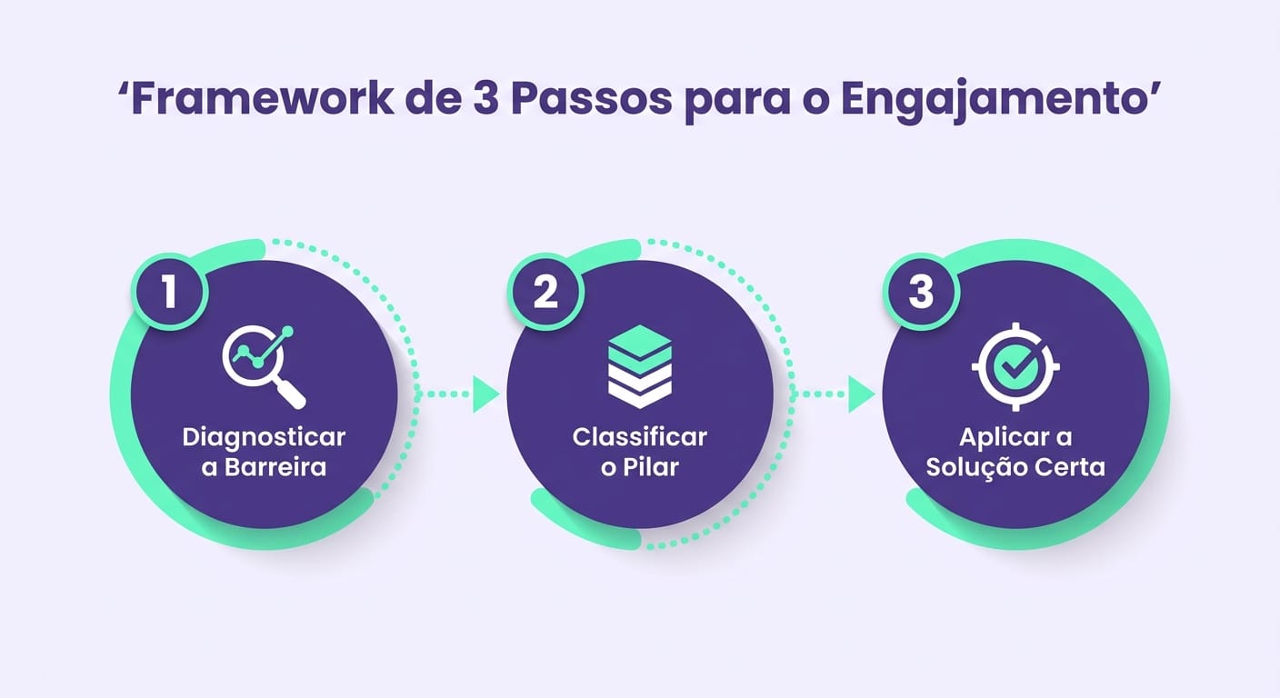Infográfico do framework de diagnóstico de engajamento dos estudantes em três etapas