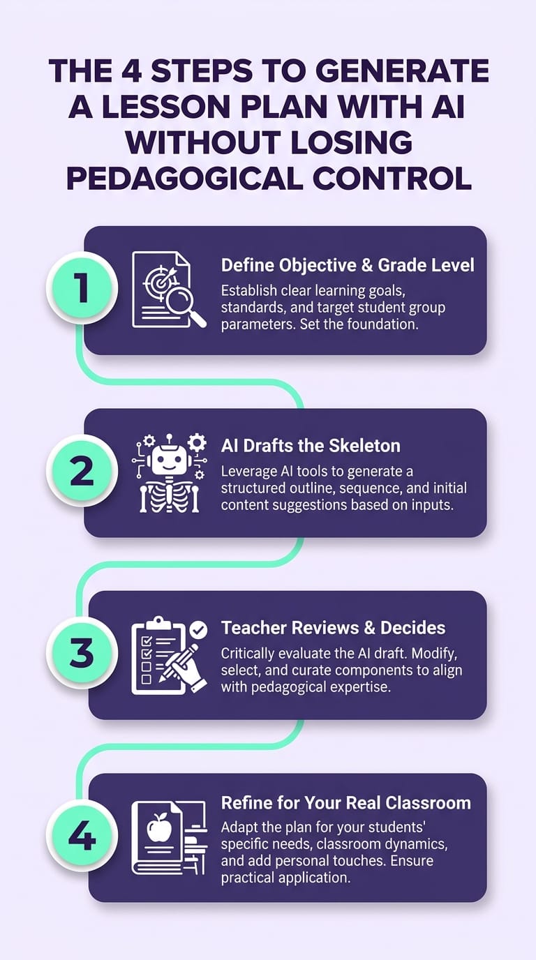 Infographic showing 4 steps to build an AI lesson plan while maintaining instructional quality