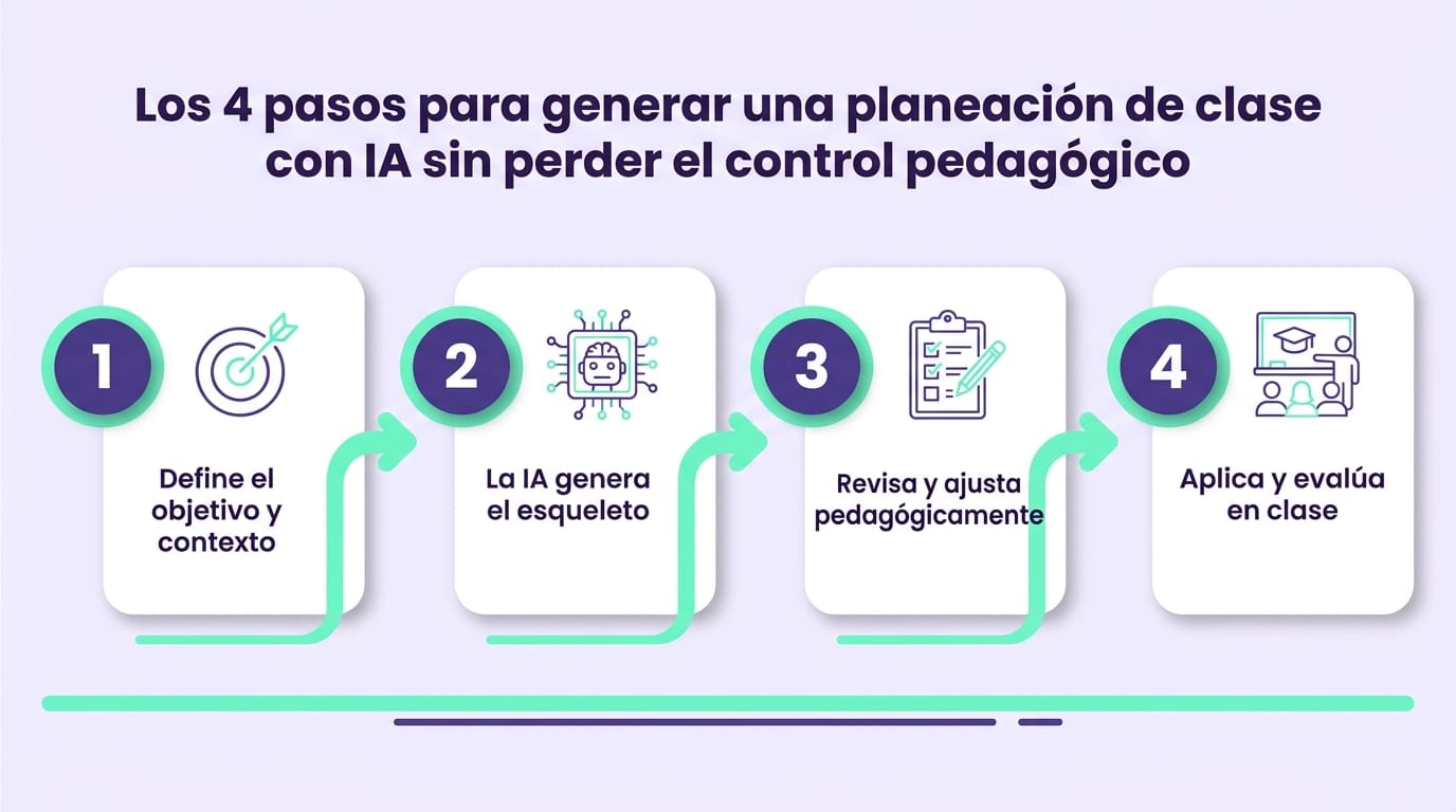 Infografía con 4 pasos para crear planeación de clase con IA para docentes