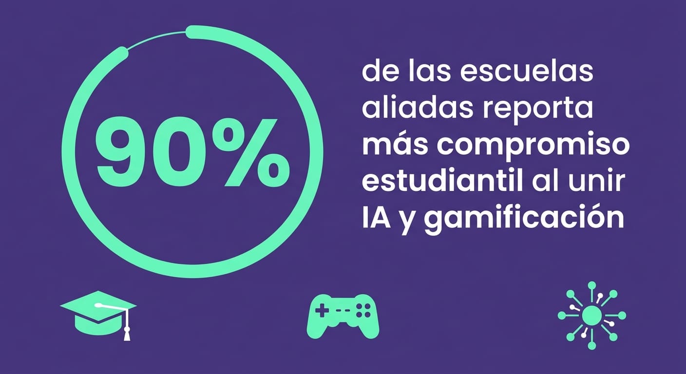 Tarjeta con el dato del 90% de mejora en el compromiso de estudiantes con Gamefik y 2 horas semanales ahorradas por docente