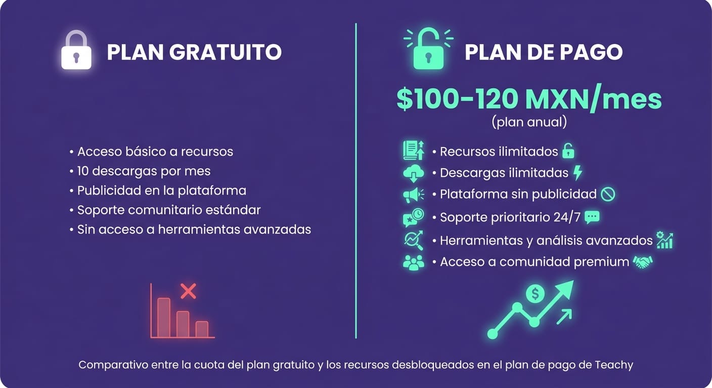 Tarjeta comparando plan gratuito y plan de pago de Teachy con cuota de generaciones y precio en pesos mexicanos