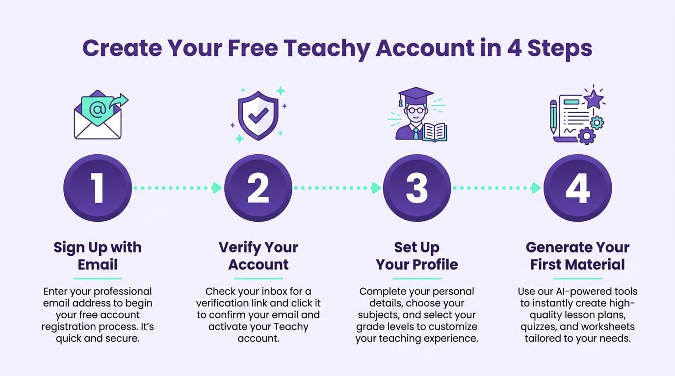 Infographic showing step-by-step how K-12 teachers can create a free Teachy account