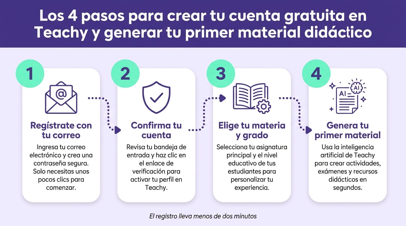 Infográfico con el paso a paso para crear cuenta gratuita en Teachy para docentes en México y Colombia