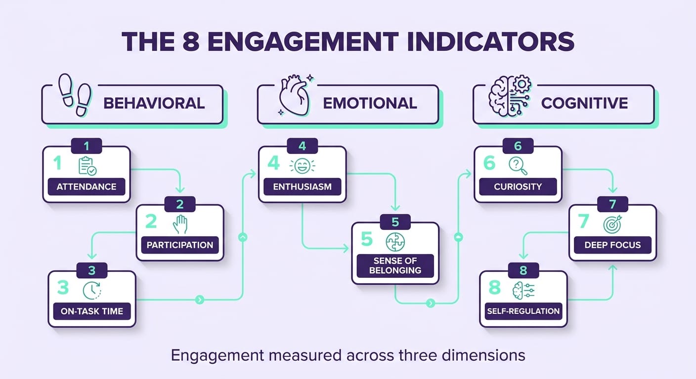 Infographic showing how to measure student engagement with 8 indicators across three dimensions