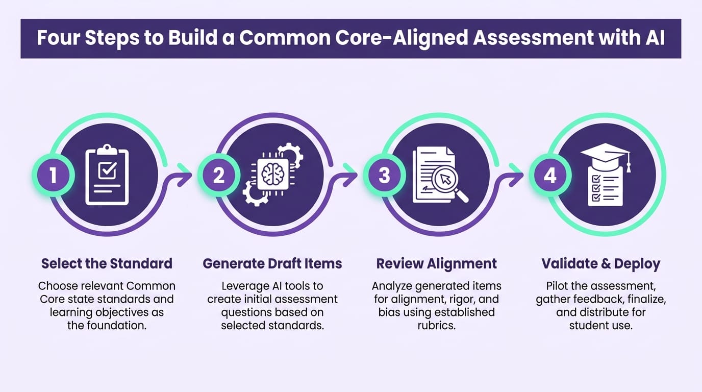 Infographic showing the four steps to create K-12 assessments aligned to Common Core using AI