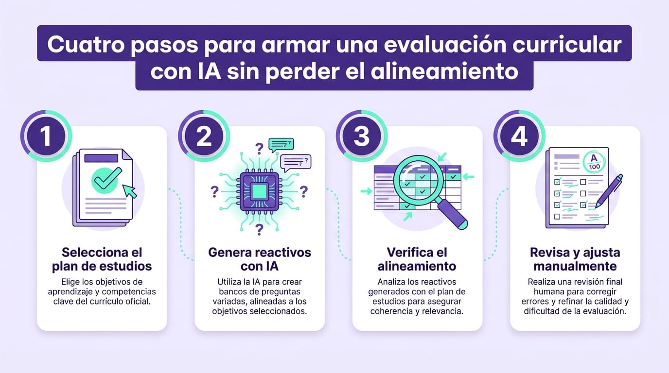 Infografía con los cuatro pasos para crear evaluaciones escolares alineadas al currículo usando IA