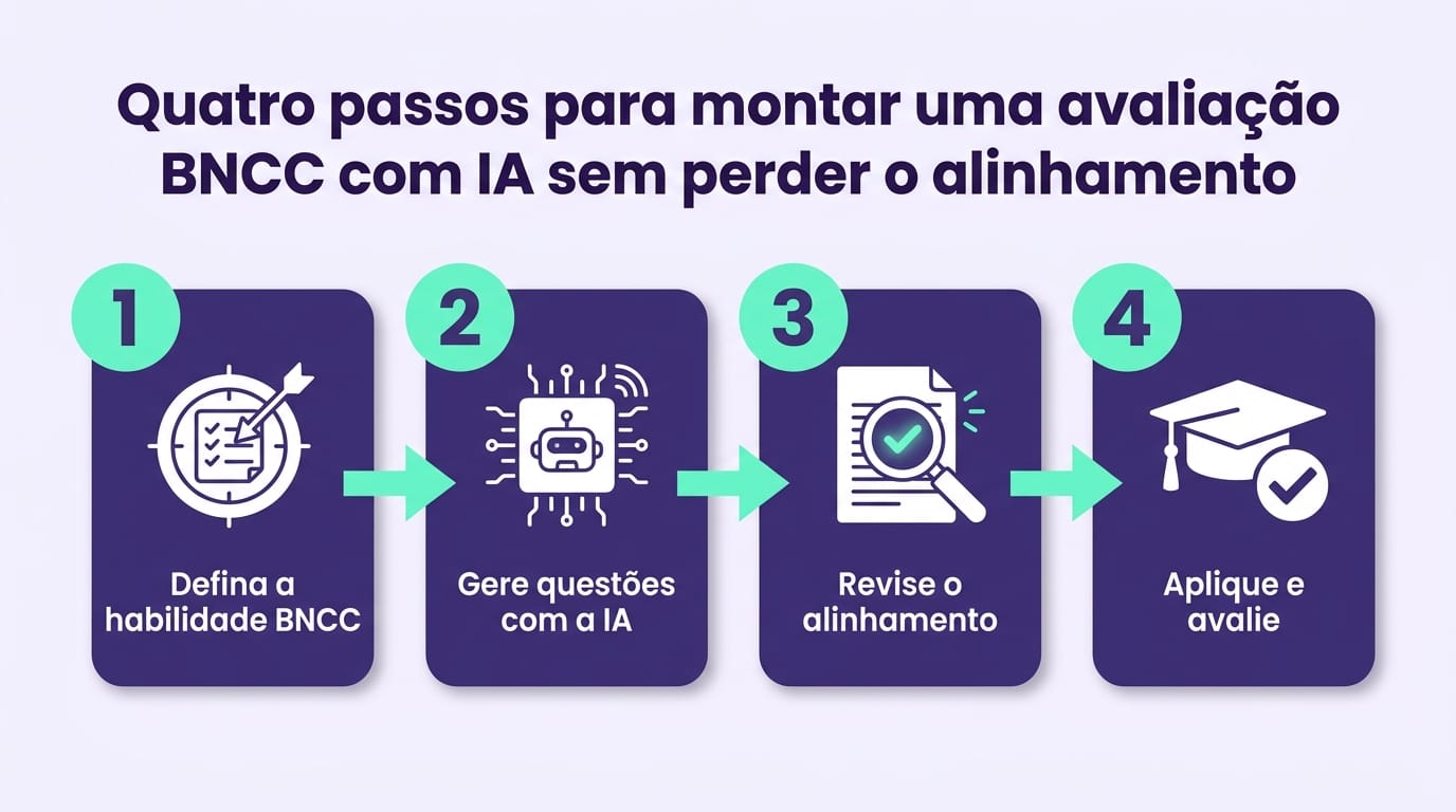 Infográfico com os quatro passos para criar avaliações escolares alinhadas à BNCC usando IA