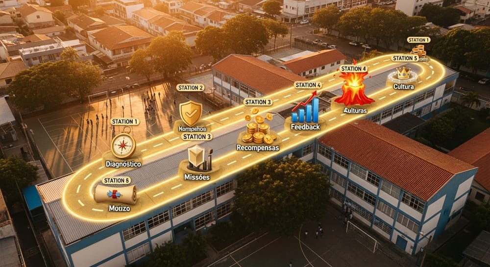 Mapa visual aéreo de escola brasileira com rota de gamificação passo a passo para educadores