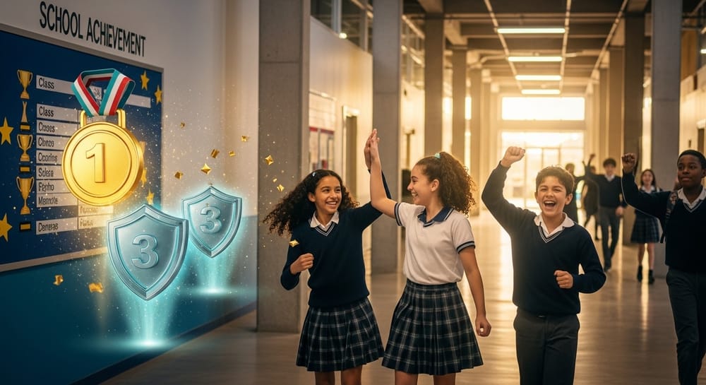 Alunos comemorando conquistas gamificadas em corredor escolar moderno com troféus digitais holográficos