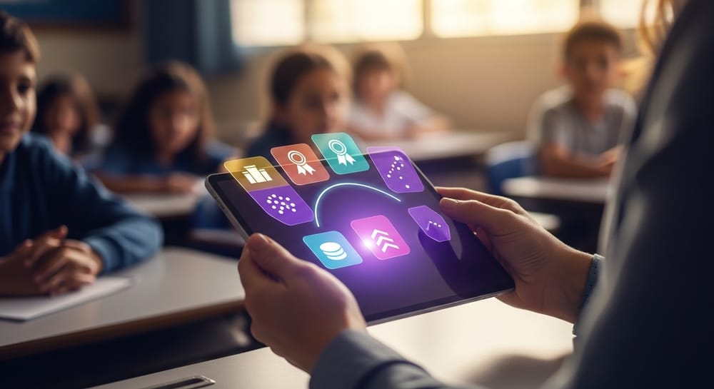 Mãos de professora segurando um tablet exibindo cinco cartões translúcidos com ícones que representam diferentes modelos de gamificação