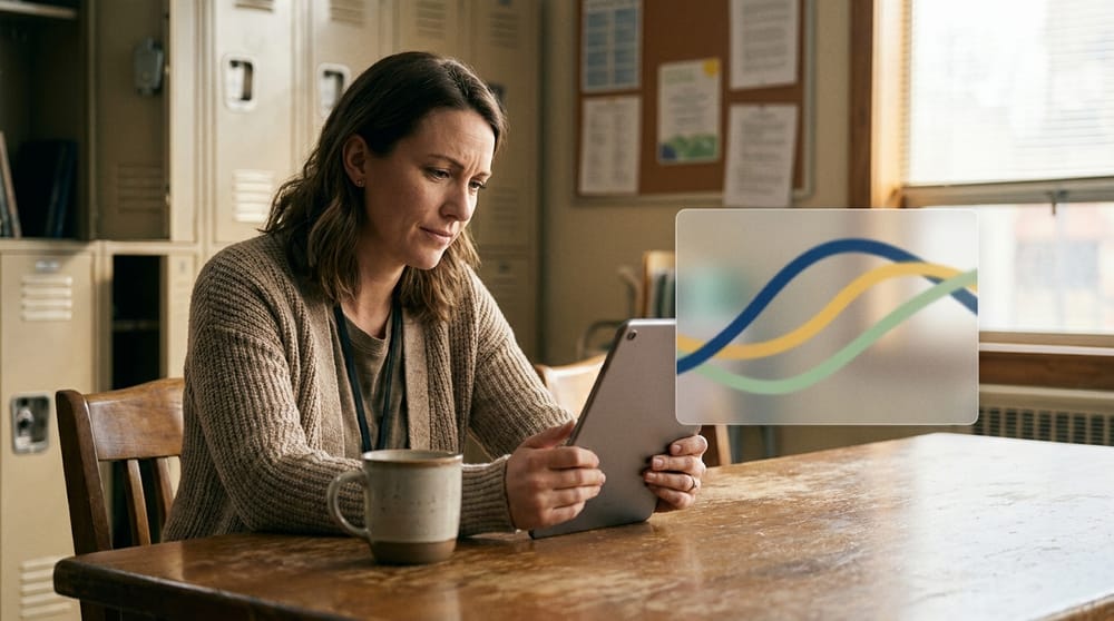 Professora compara opções de curso de IA para professores em um tablet na sala dos professores