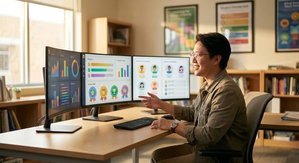 Coordenadora escolar analisa telas com dashboards coloridos de plataforma de gamificação em escritório moderno e iluminado