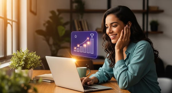 Professora sorrindo ao ver resultados reais de gamificação em um painel de dados flutuante sobre o notebook, em uma sala dos professores iluminada