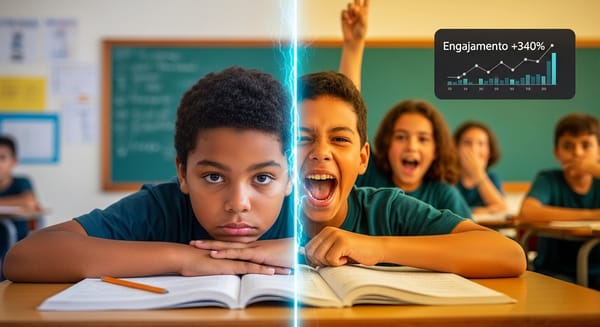 Transformação do engajamento escolar — estudante apático se torna entusiasmado com gamificação em sala de aula