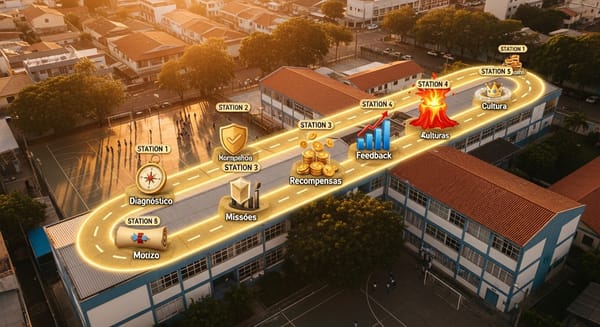 Mapa visual aéreo de escola brasileira com rota de gamificação passo a passo para educadores