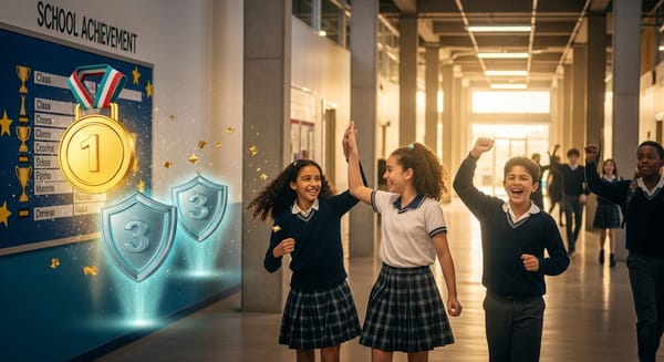 Alunos comemorando conquistas gamificadas em corredor escolar moderno com troféus digitais holográficos