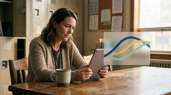 Professora compara opções de curso de IA para professores em um tablet na sala dos professores